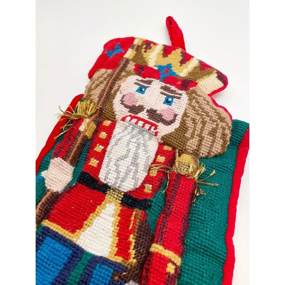 Vintage Needlepoint Wool Christmas Stocking Nutcracker Teddy Bear 3D
